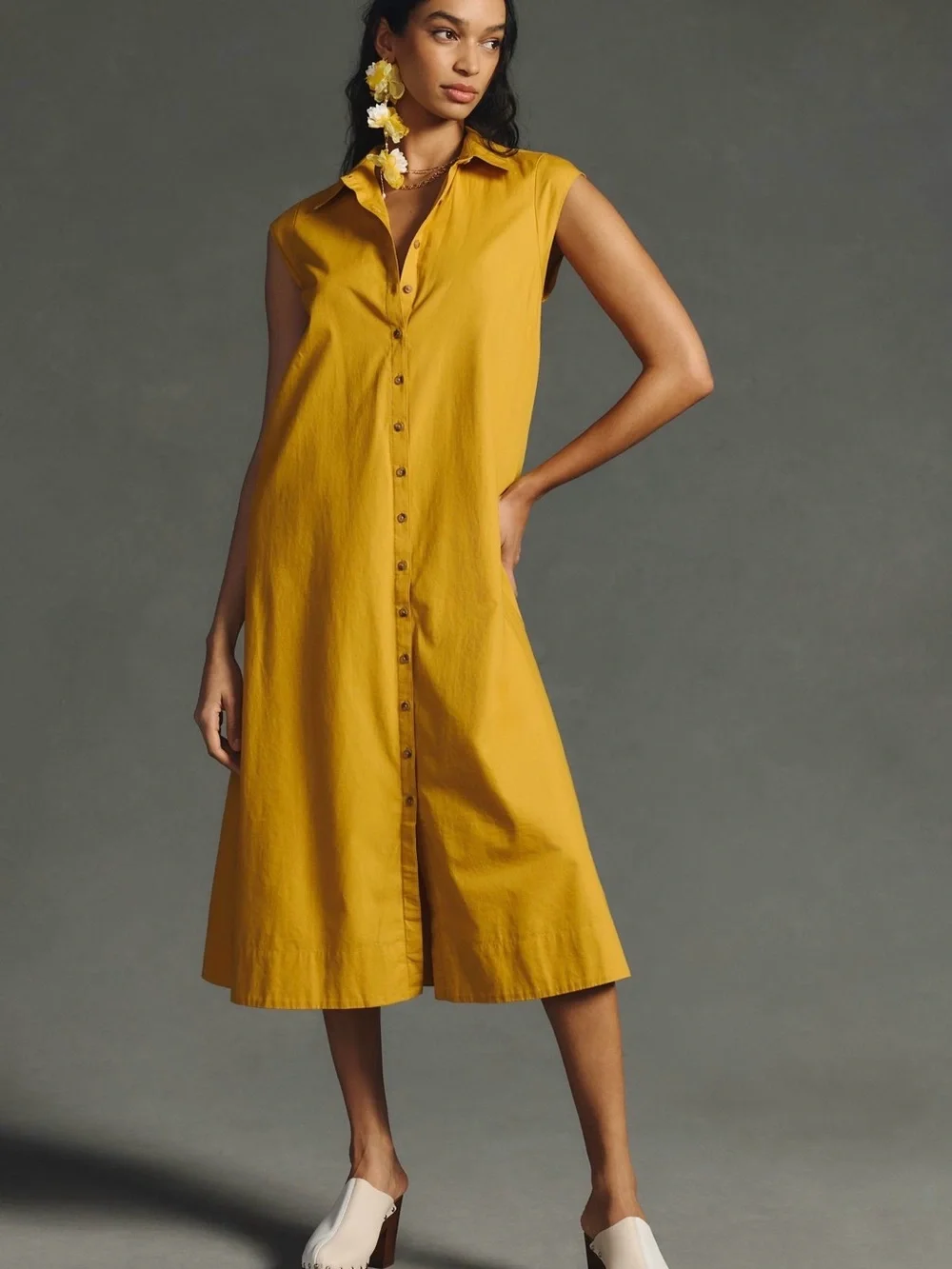 Anthropologie Mustard Sleeveless Button-Front Midi Dress